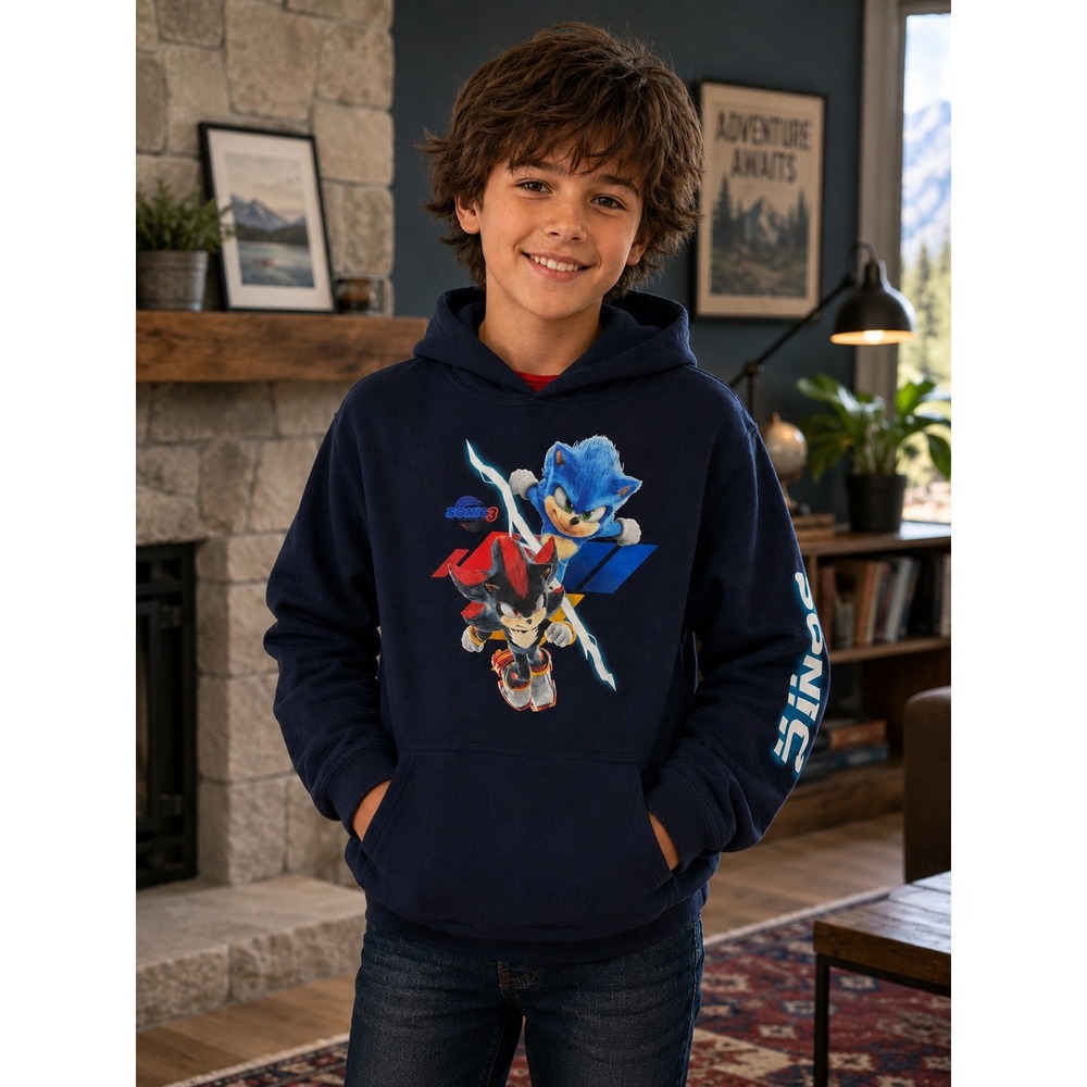 Sonic the Hedgehog 3 Movie Hoodie Navy Blue Shadow Graphic Pullover Boys Medium
